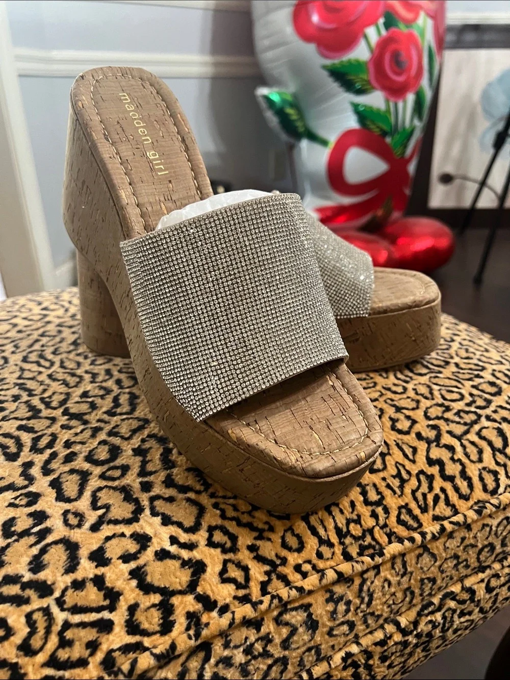 Madden Girl Tan Cork Platform Slides with Sparkle Crystal Strap